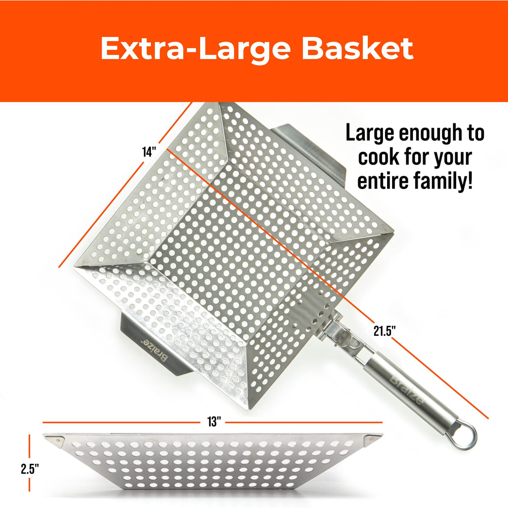 Braize Grill Basket holding vegetables on grill