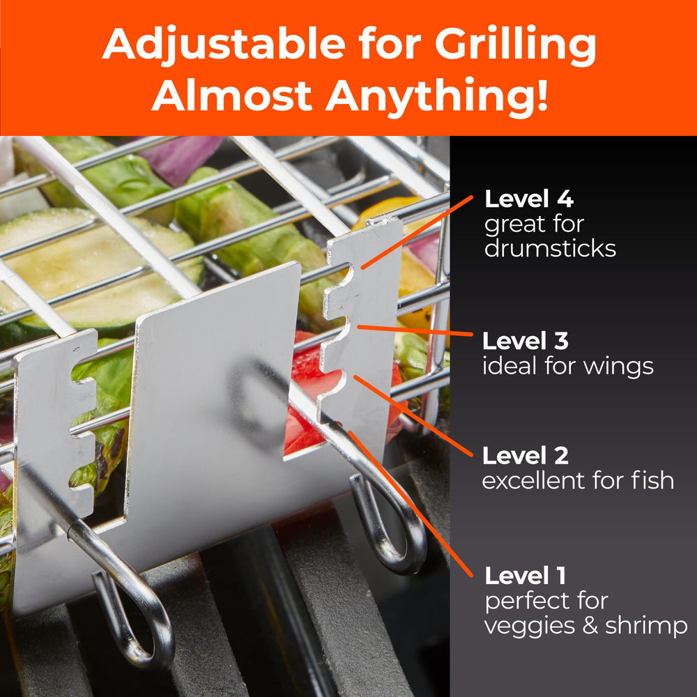 Braize grill basket showing adjustable height levels