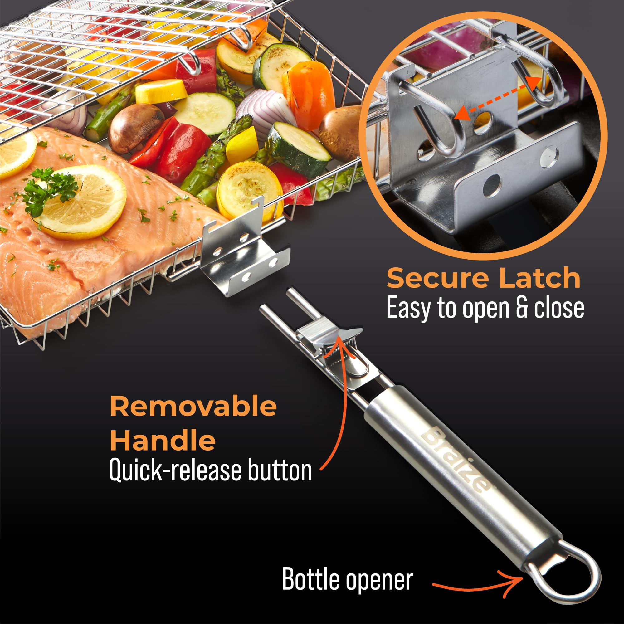 Braize grill basket side view showcasing the locking lid