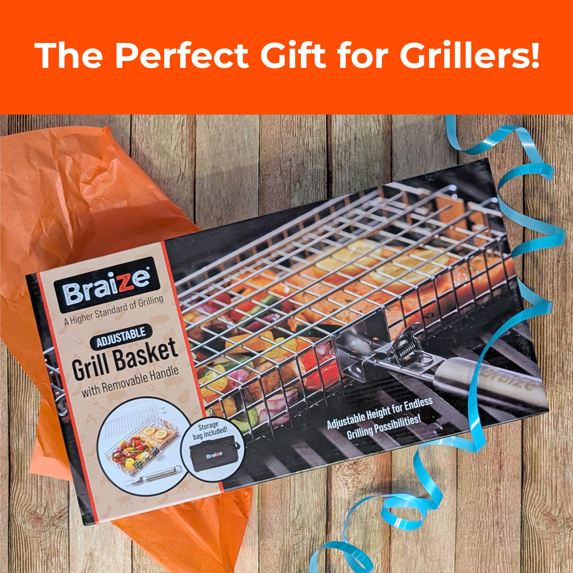 Braize grill basket with ergonomic removable handle