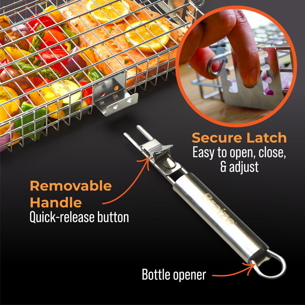 Braize grill basket with silicone basting brush and scrub sponge