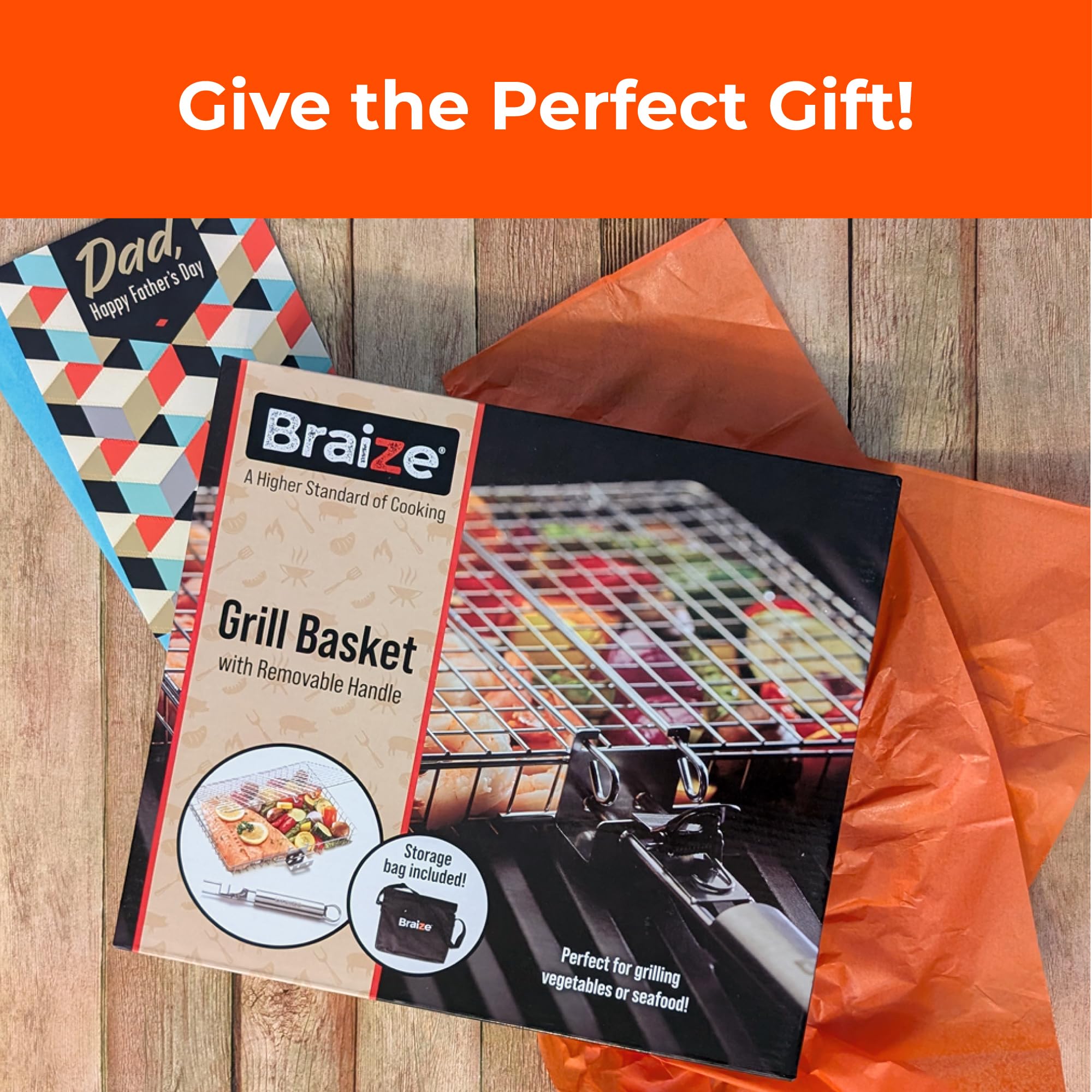 Braize grill basket with silicone basting brush and scrub sponge