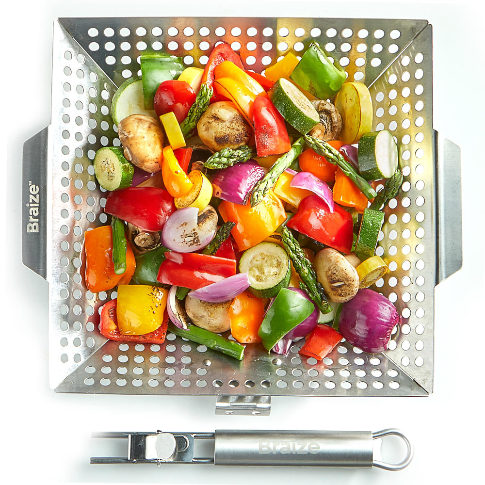 Braize Grill Basket with various grilled foods