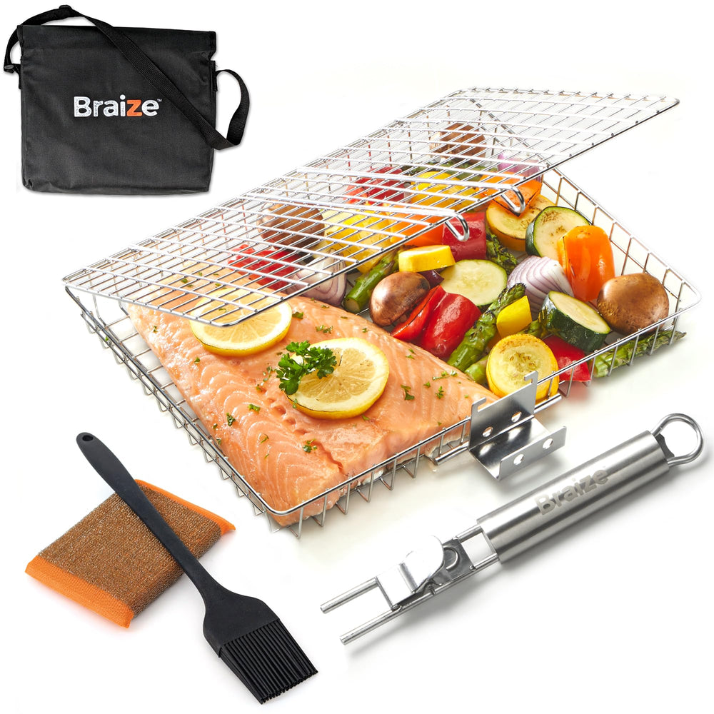Braize stainless steel large grill basket front view with removable handle