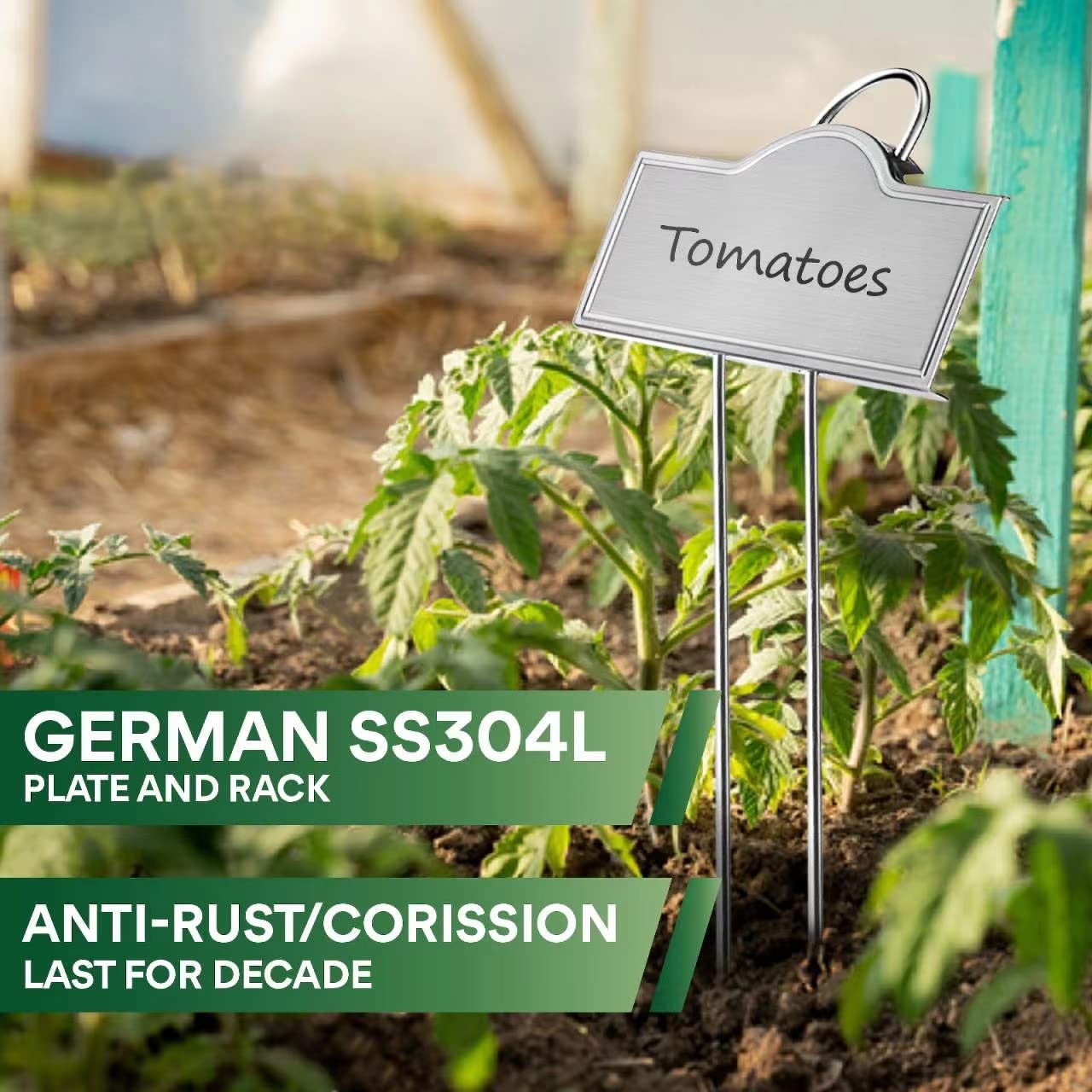 Bravex stainless steel plant labels inserted in garden soil