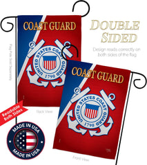 Breeze Decor US Coast Guard Garden Flag displayed in a garden