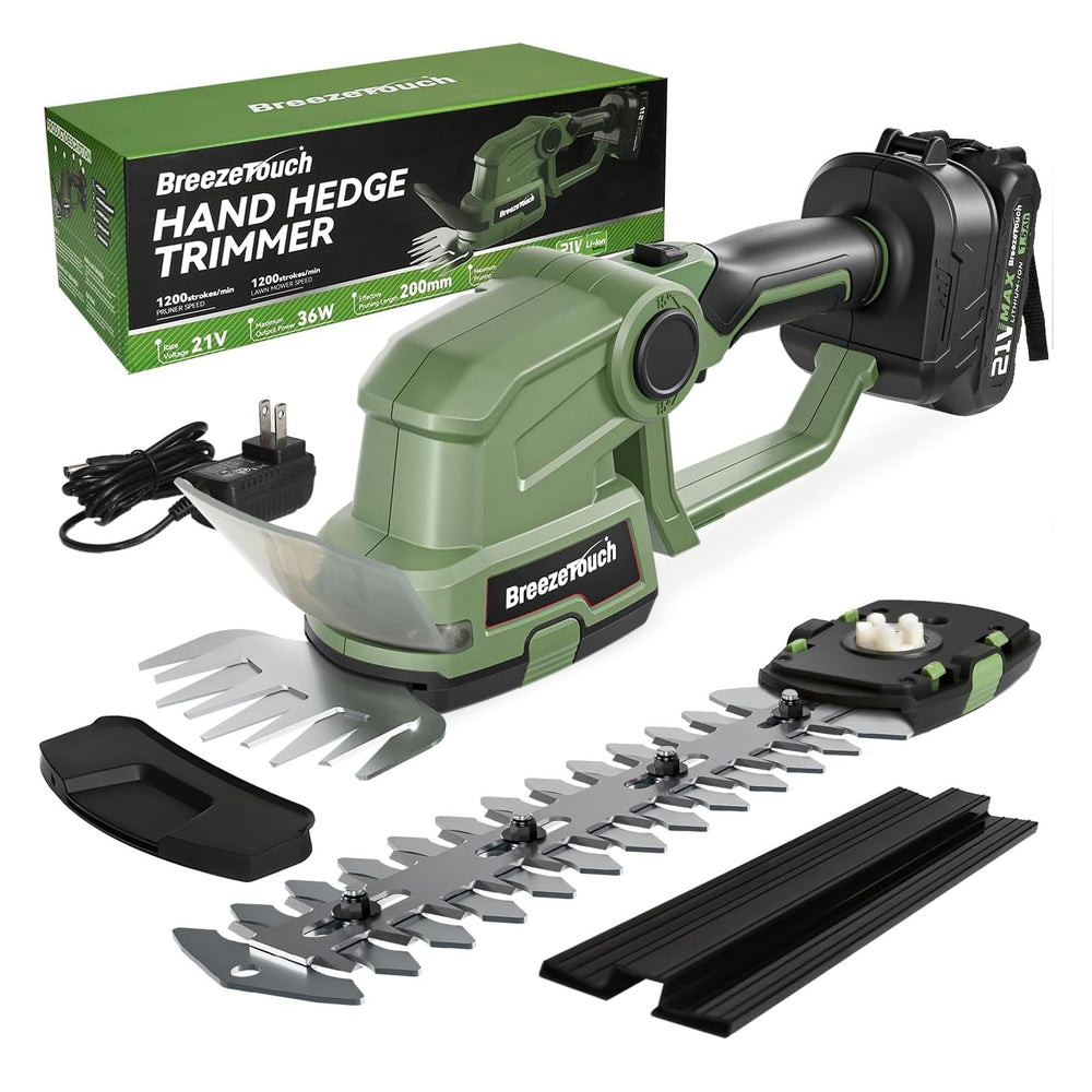 Breeze Touch 21V Mini Cordless Hedge Trimmer with green colour and dual blades