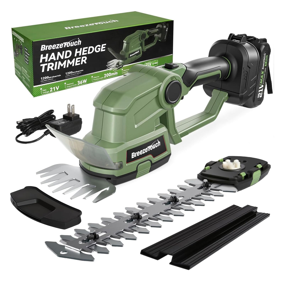 Breeze Touch 21V Mini Cordless Hedge Trimmer with green colour and dual blades