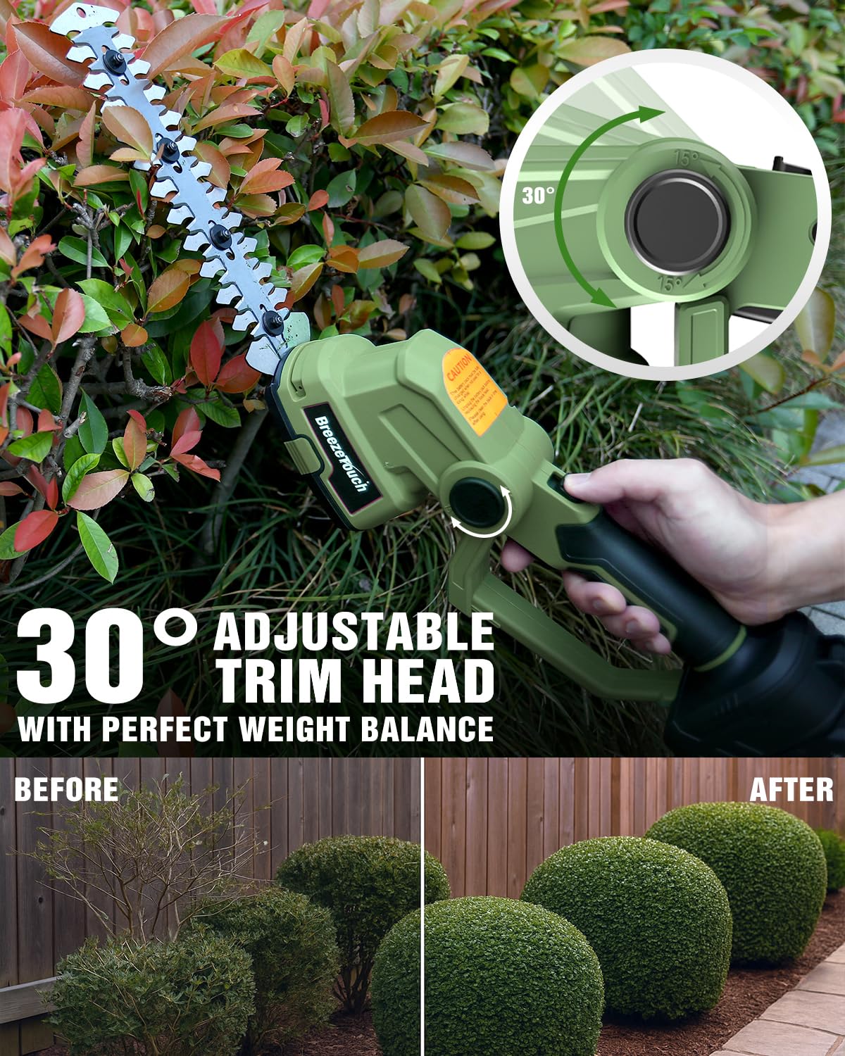 Breeze Touch hedge trimmer showing adjustable head position