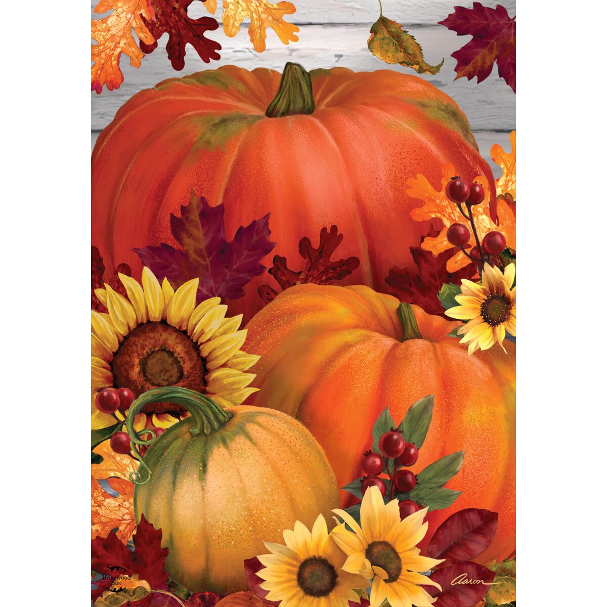 Briarwood Lane Fall Garden Flag featuring autumn pumpkin design front view