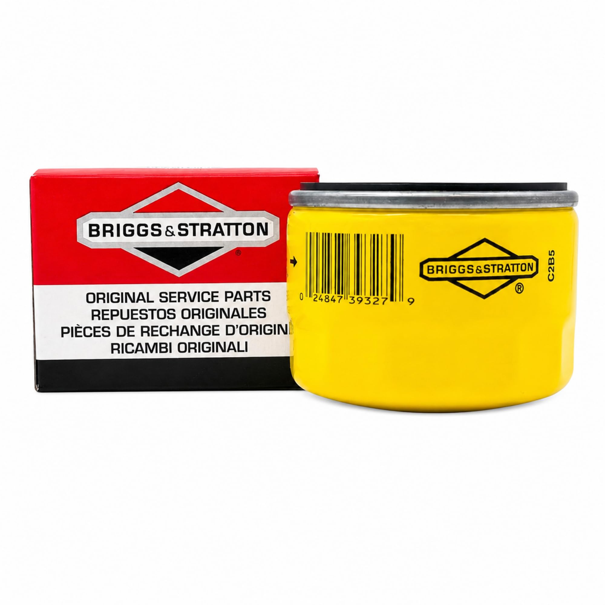 Briggs & Stratton 696854 Oil Filter installed on a lawn mower engine
