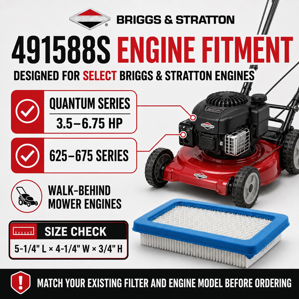 Briggs & Stratton air filter dimensions on table