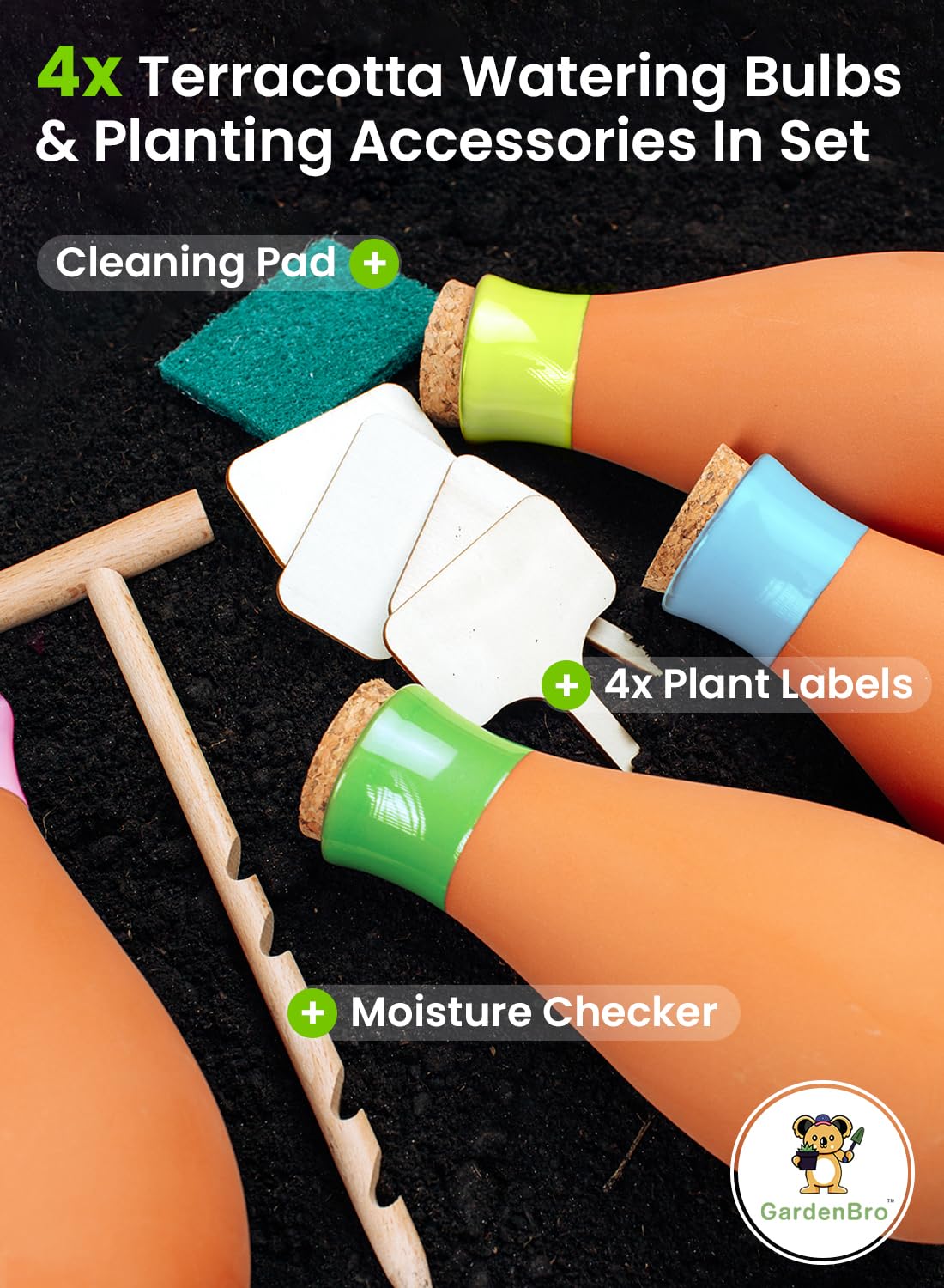 Bright GARDENBRO terracotta pot with cleaning pad and accessories