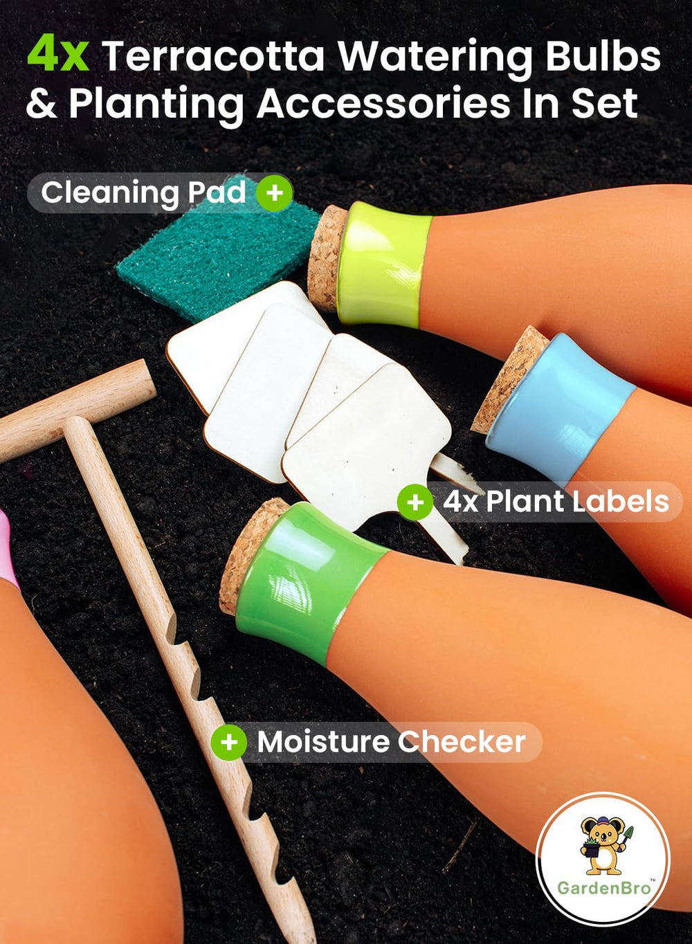 Bright GARDENBRO terracotta pot with cleaning pad and accessories