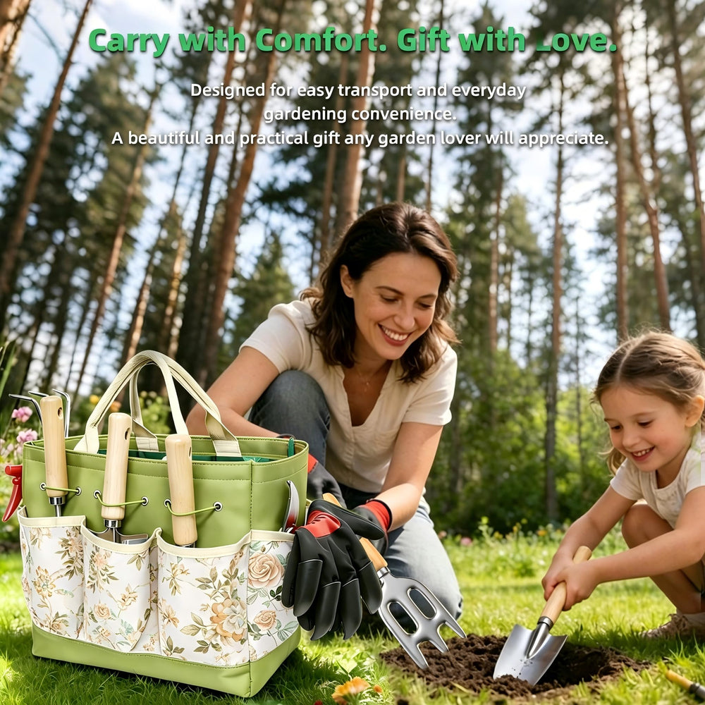 Bright green Snuggalux garden tool set displayed outdoors