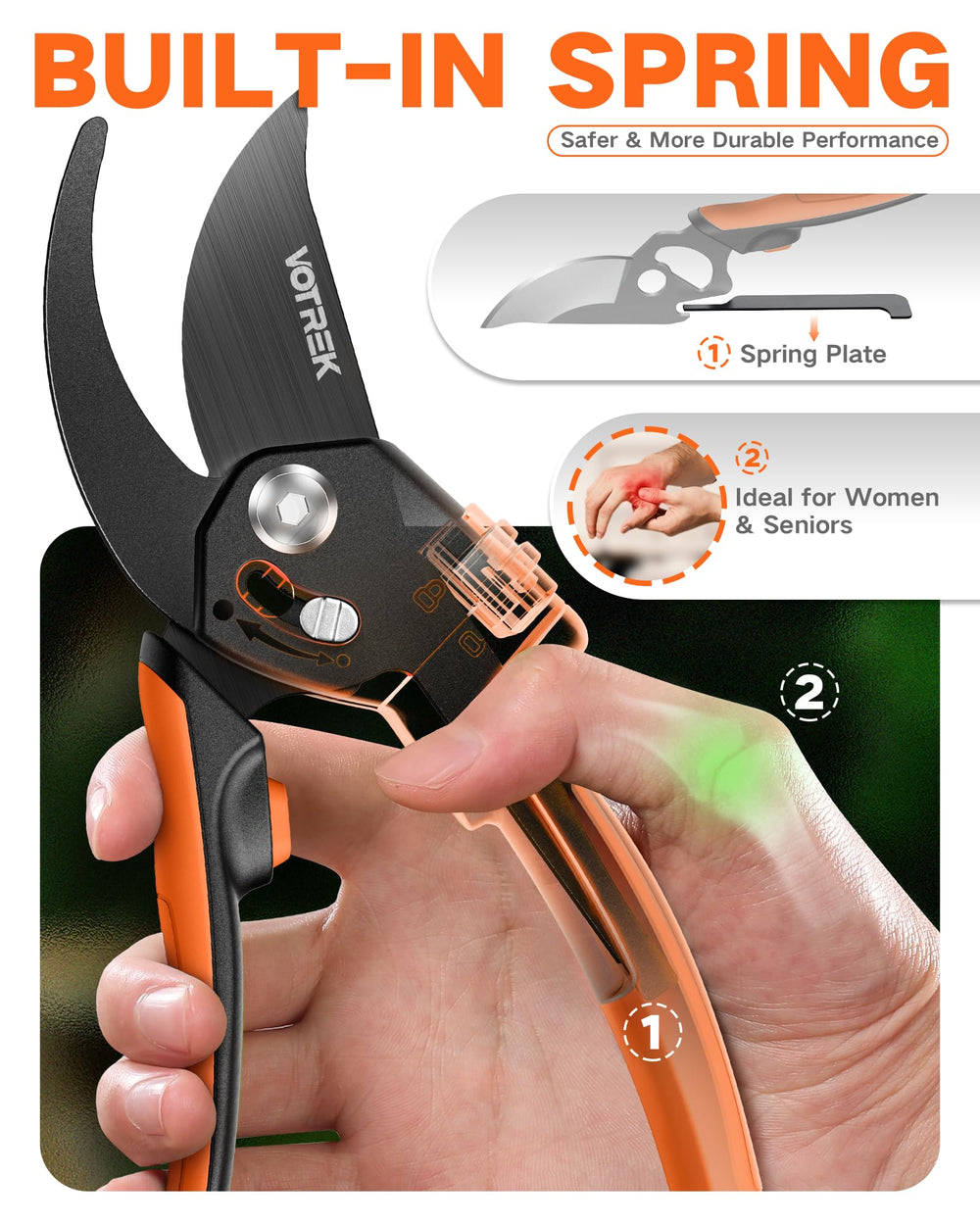 Bright orange VOTREK garden shears in garden setting