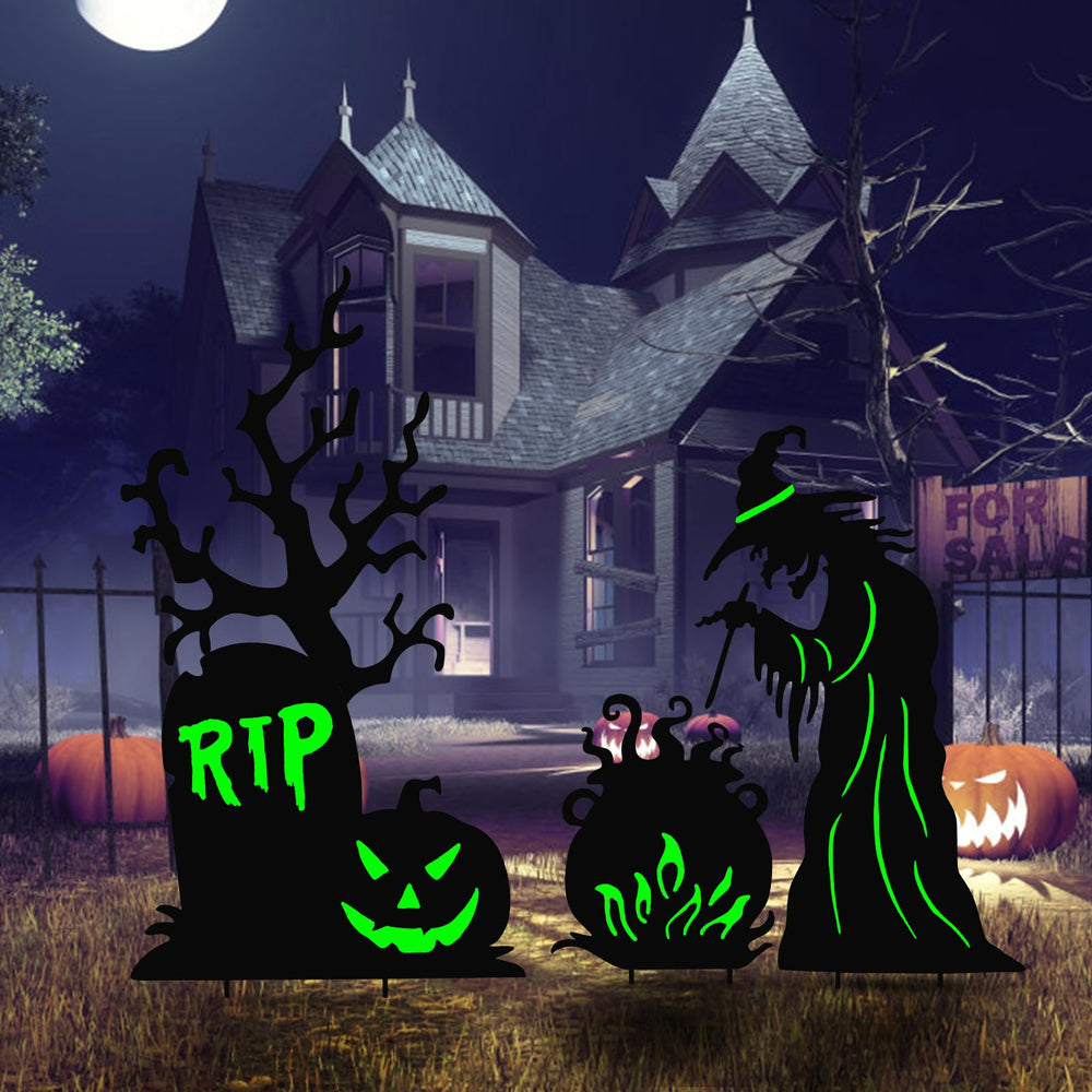 BRIGHTDECK cauldron yard sign glowing in the dark