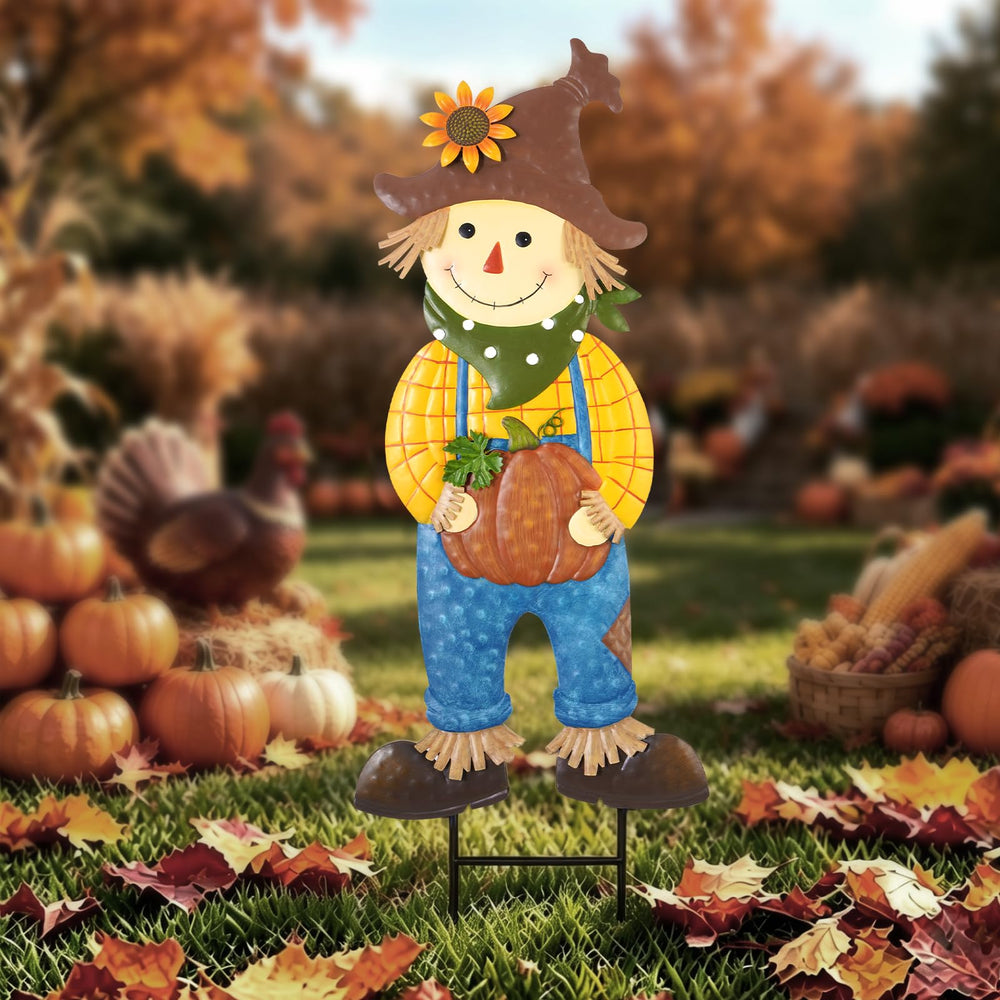 BRIGHTDECK Outdoor Fall Scarecrow Metal Stake front view