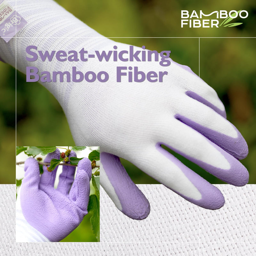 Brigic Bamboo Gardening Gloves displayed with gardening tools
