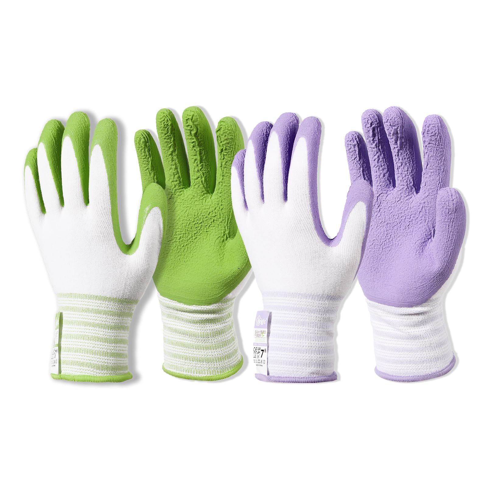 Brigic Bamboo Gardening Gloves front view in green and purple