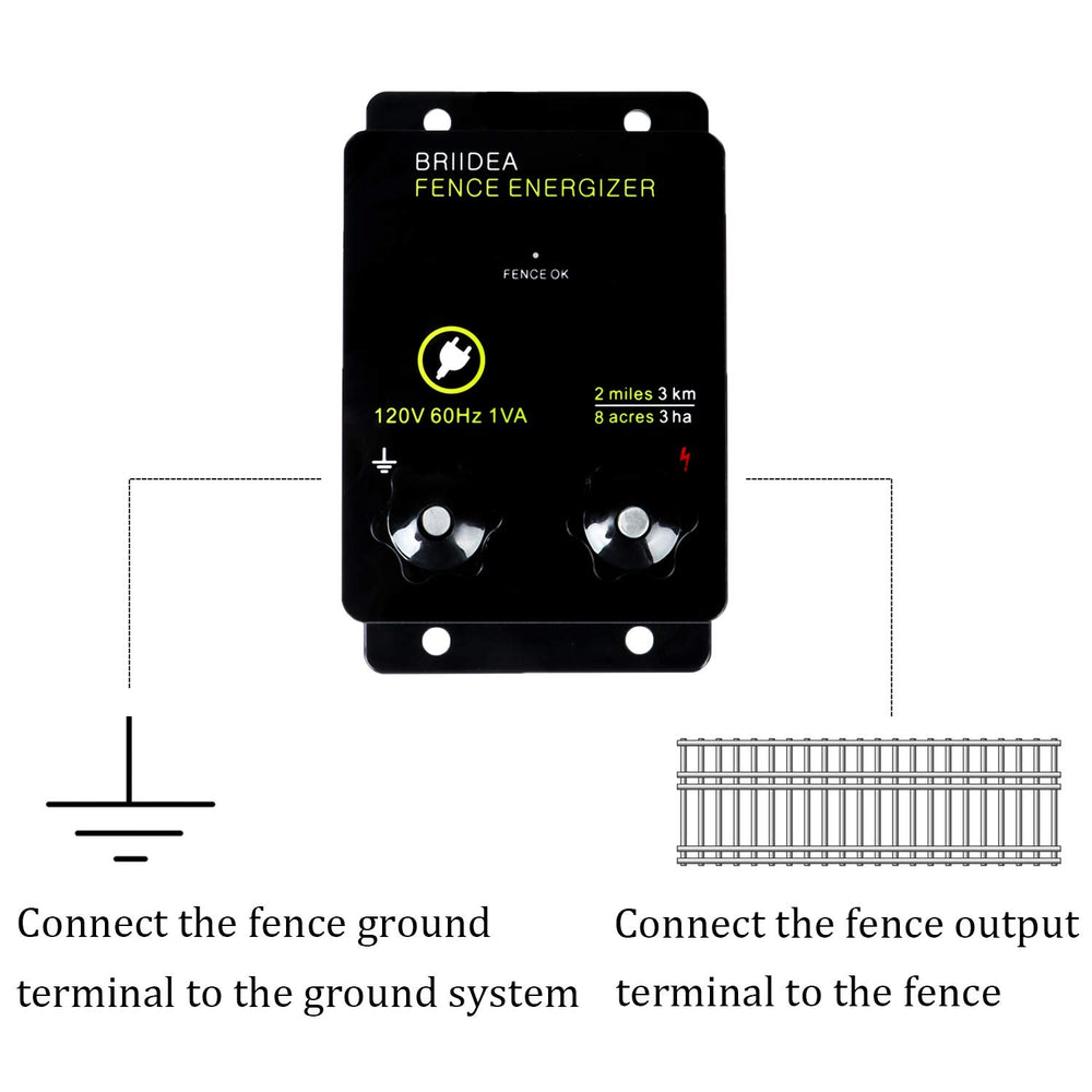 briidea Electric Fence Energizer mounted outdoors with a fence