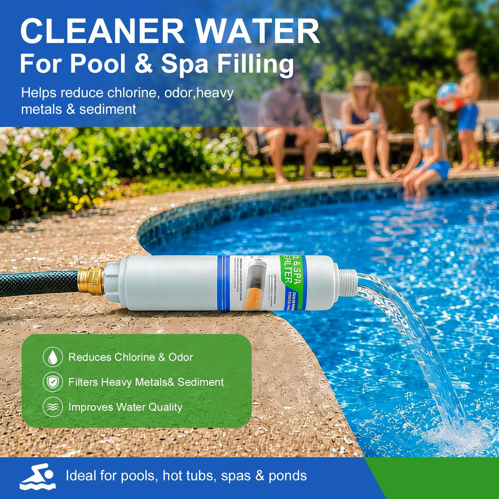 Brinquil Garden Hose Filter next to a pool and plants