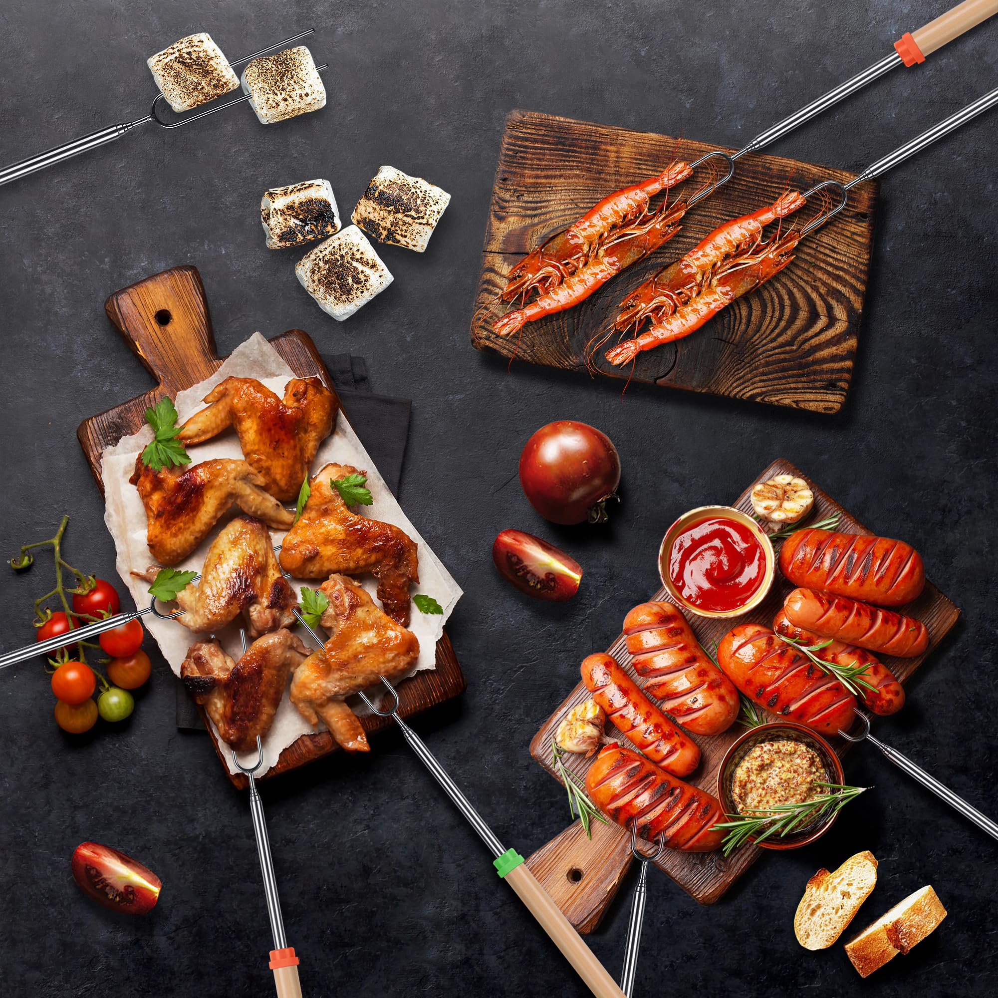 BRIOUT roasting sticks set displayed outdoors next to a campfire