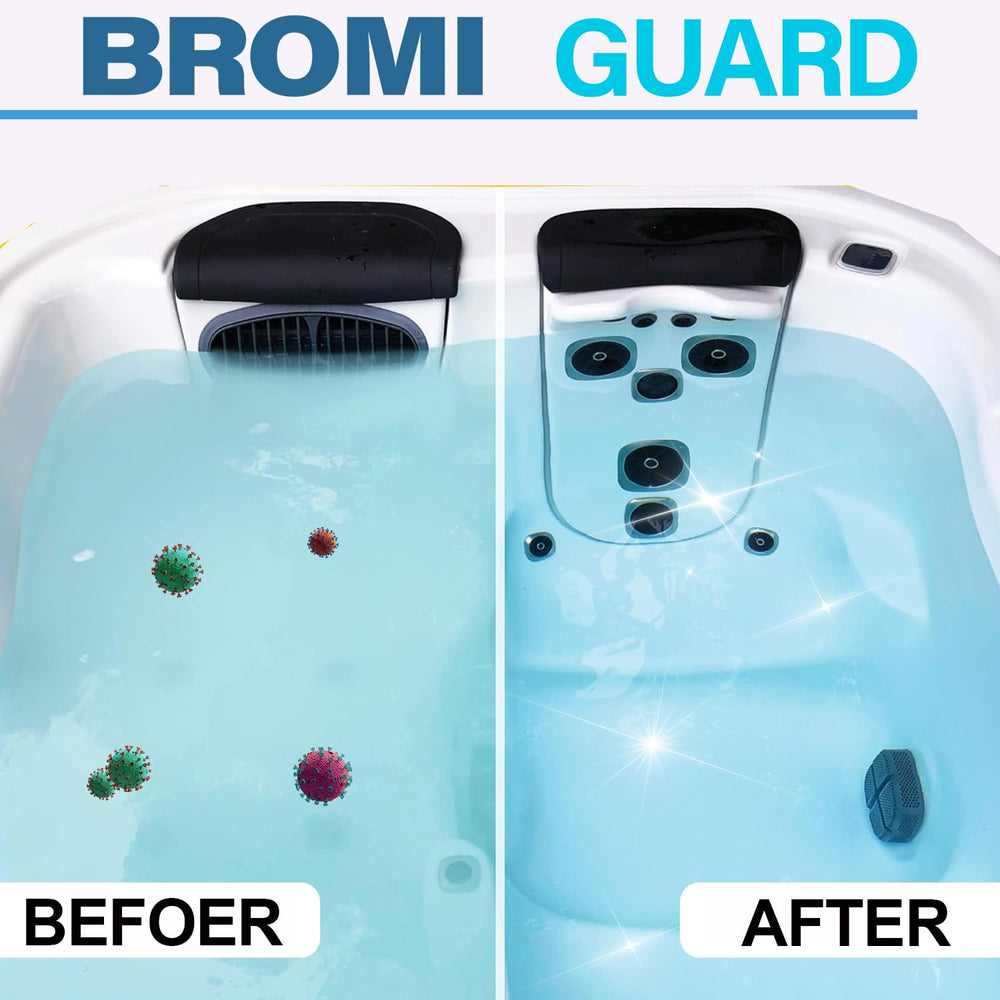 BROMIGUARD bromine tablets with pool water in background