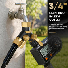 BRONWIDE Garden Hose Splitter installed on an outdoor faucet
