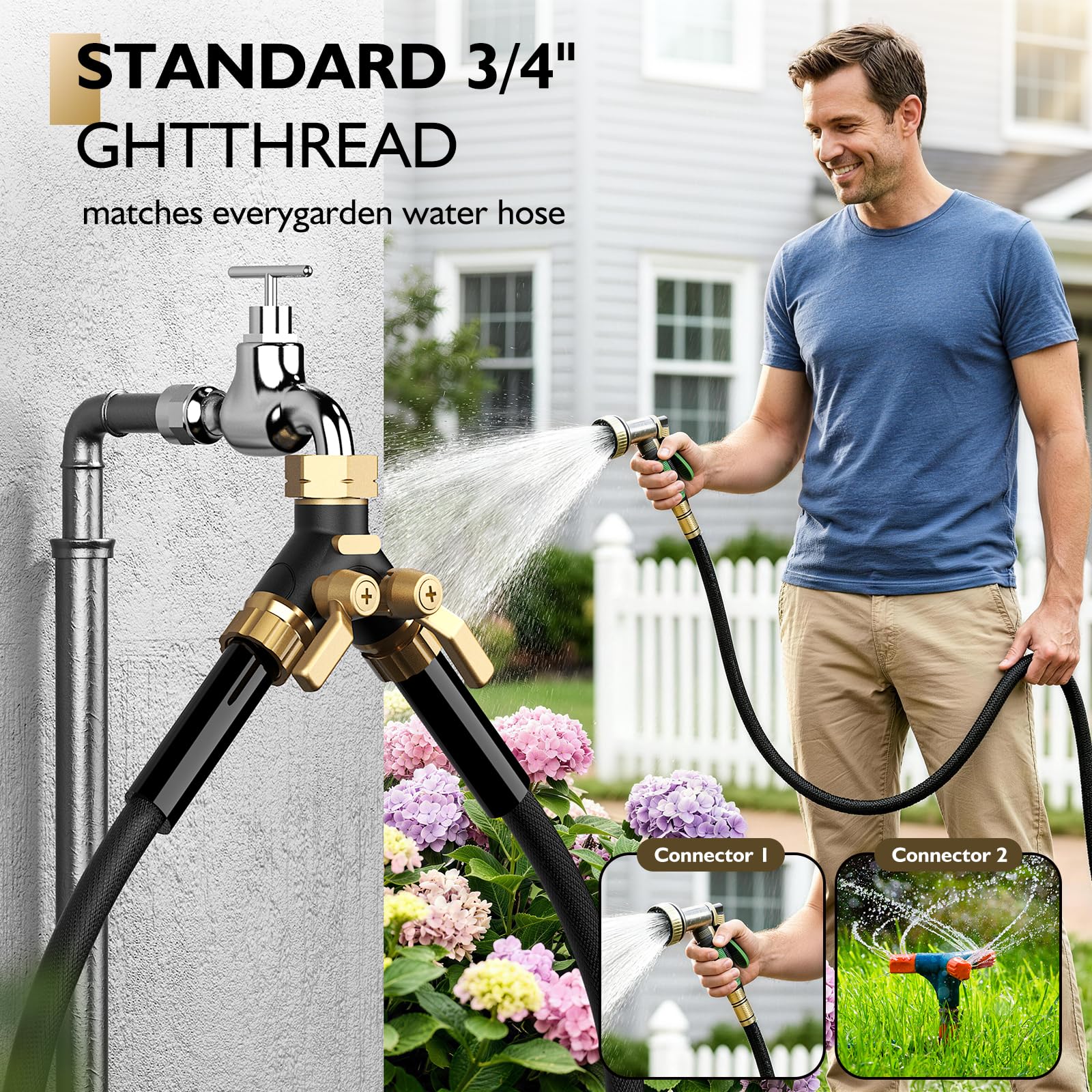 BRONWIDE Garden Hose Splitter showing 360-degree rotatable feature