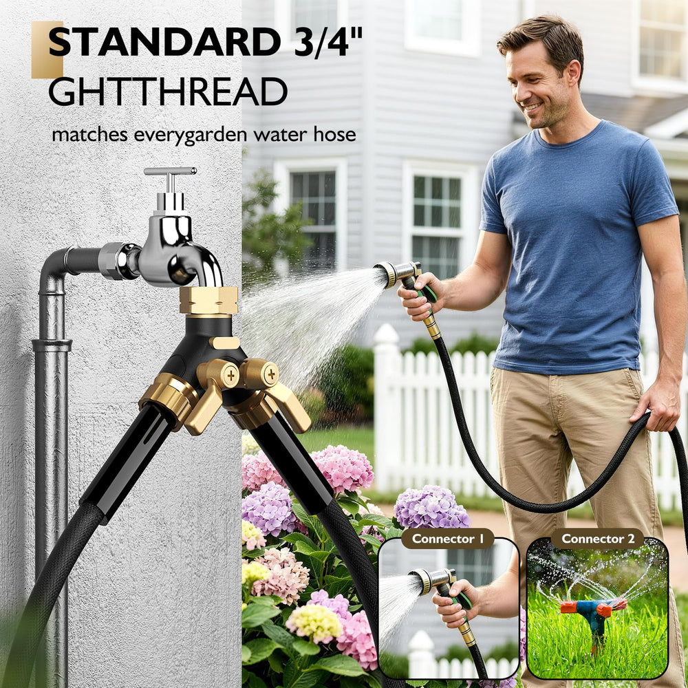 BRONWIDE Garden Hose Splitter showing 360-degree rotatable feature