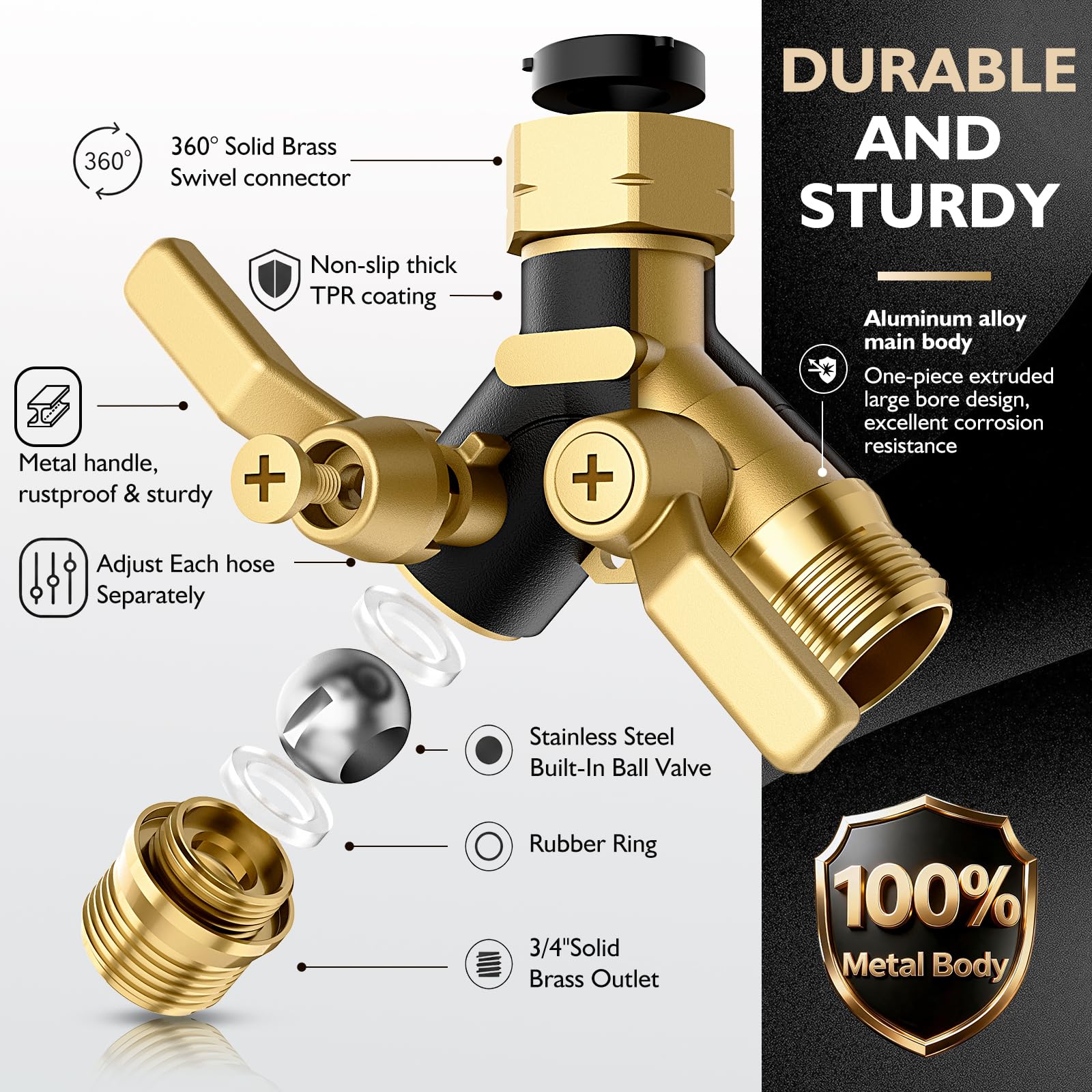 BRONWIDE Garden Hose Splitter showing ergonomic handle and shut-off valves