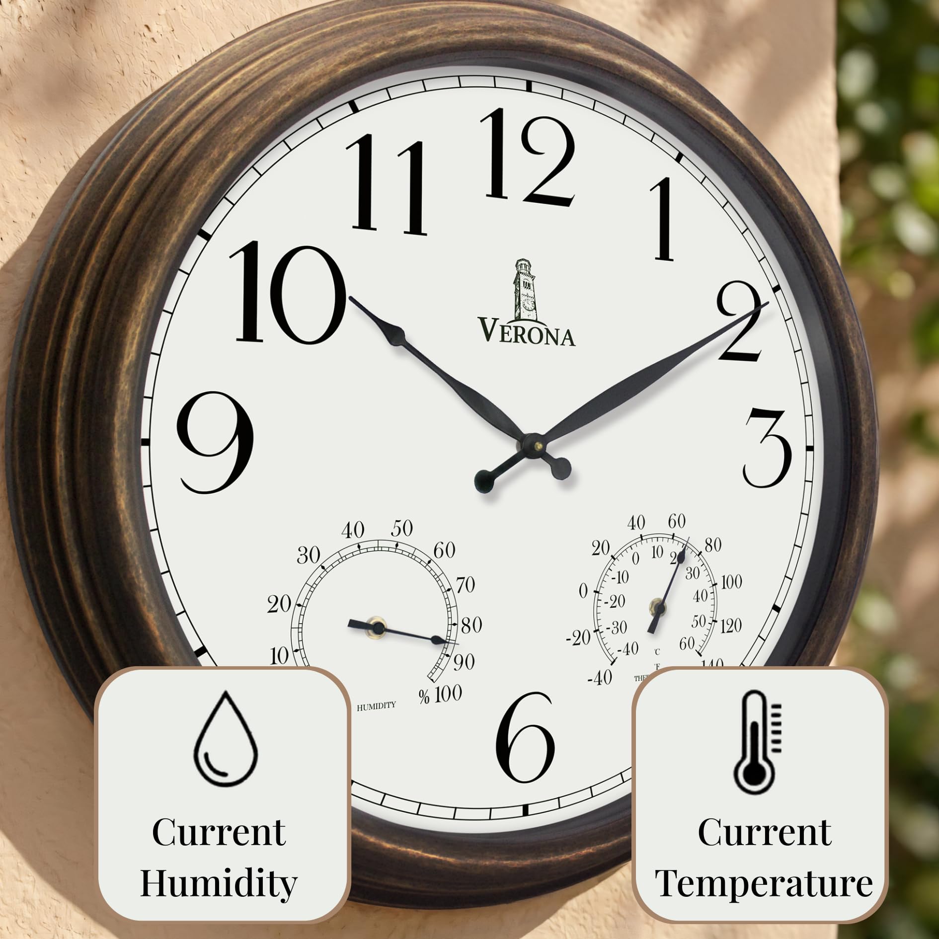 Bronze outdoor clock mounted on a patio wall