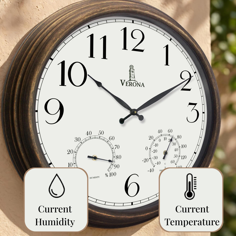 Bronze outdoor clock mounted on a patio wall