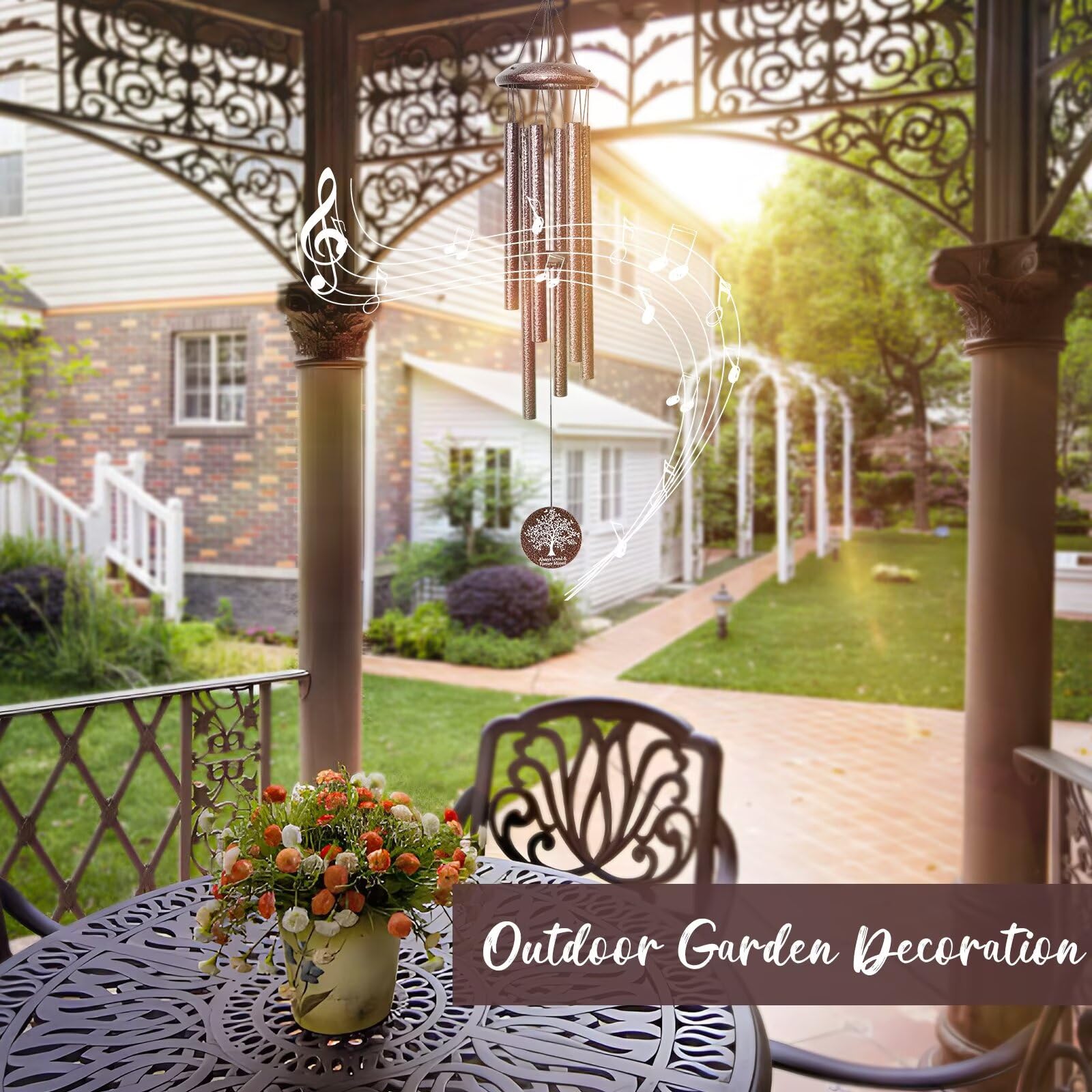 Bronze wind chimes displayed on a patio
