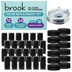 Brook Glass Pet Fountain Filter Replacement Set with 12 filter rings and 24 activated carbon pouches