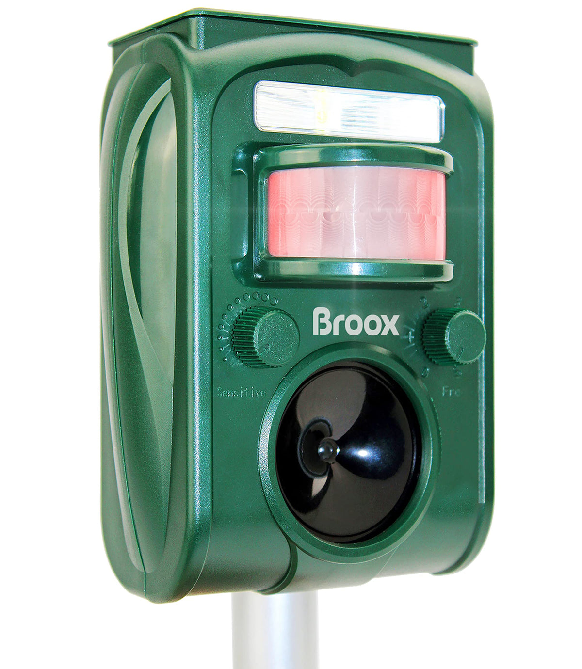 Broox Ultrasonic Animal Repellent front view, solar panel on top