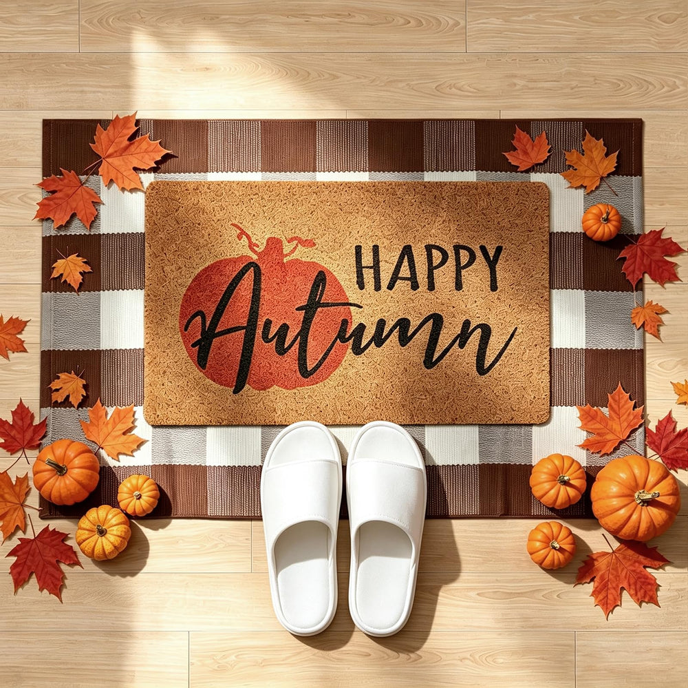 Brown and white buffalo plaid mat included in the set