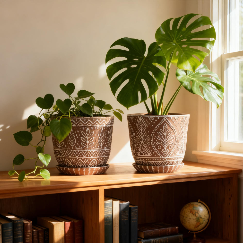 Brown ceramic pot with drainage and small plant