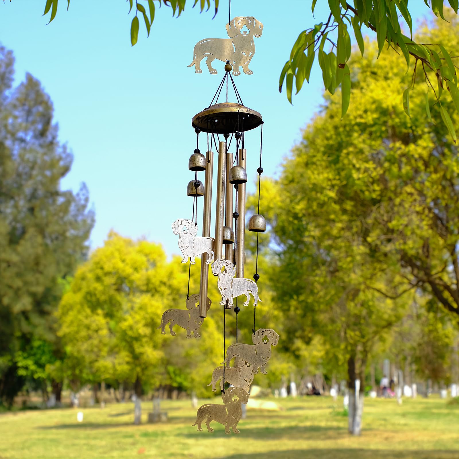 Brown dachshund wind chimes with various decorative beads