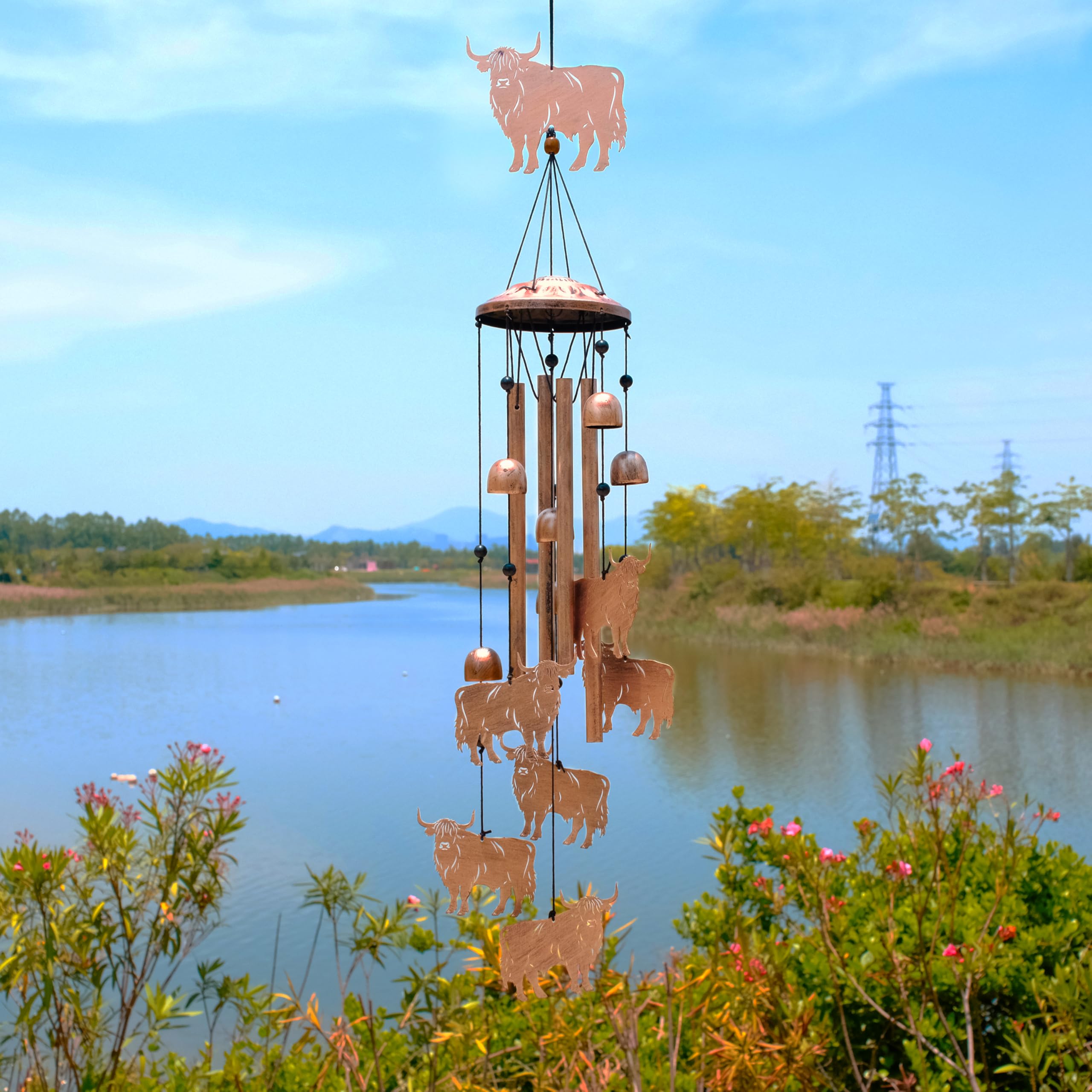 Brown Highland Cow Wind Chimes with black nylon rope