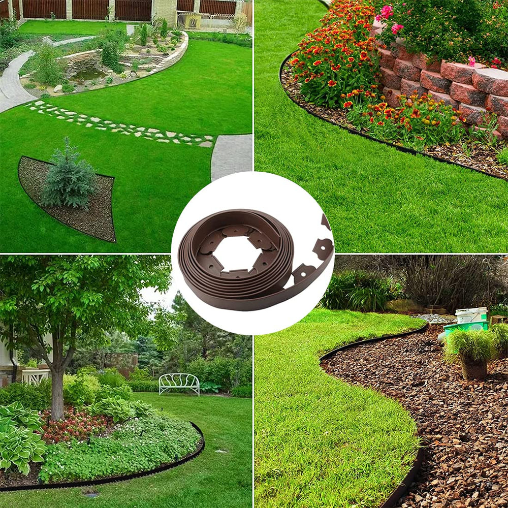 Brown plastic garden edging with spiral spikes
