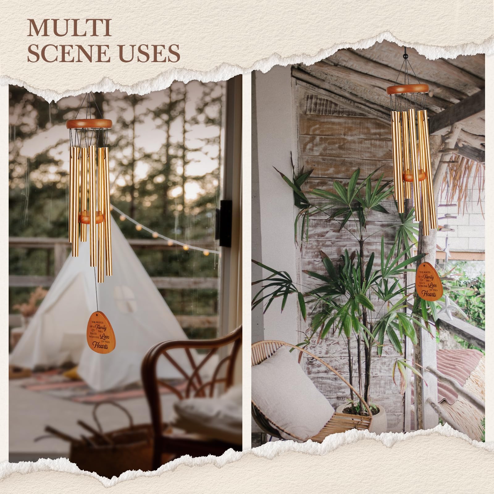 Brown wind chime displayed in a garden setting