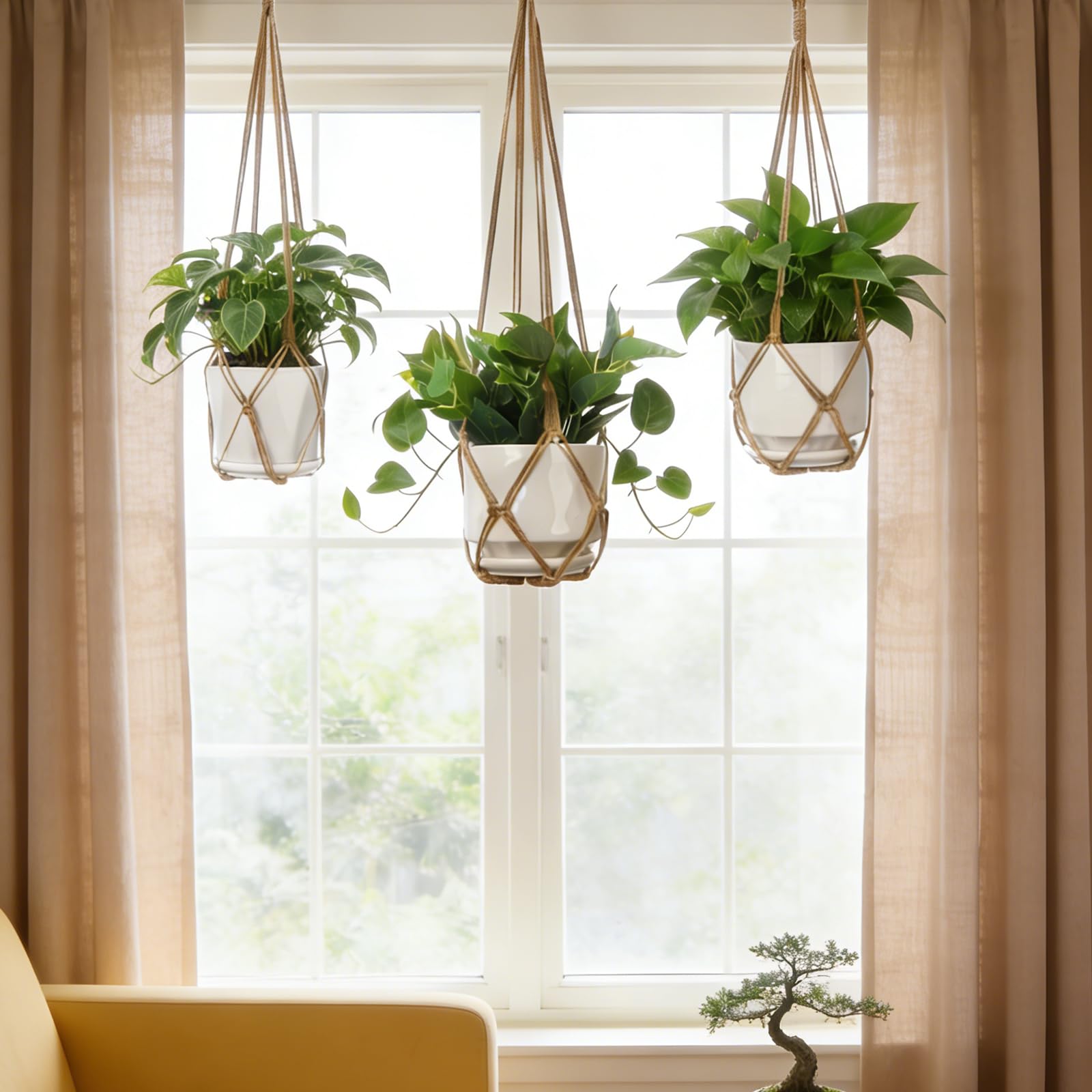Brown YIBOT macrame plant hanger against a white wall