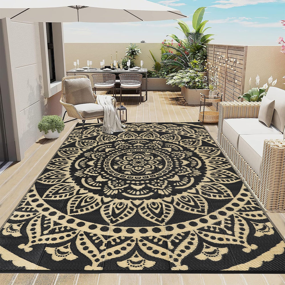 Bsmathom 6'x9' waterproof outdoor rug black gold design front view