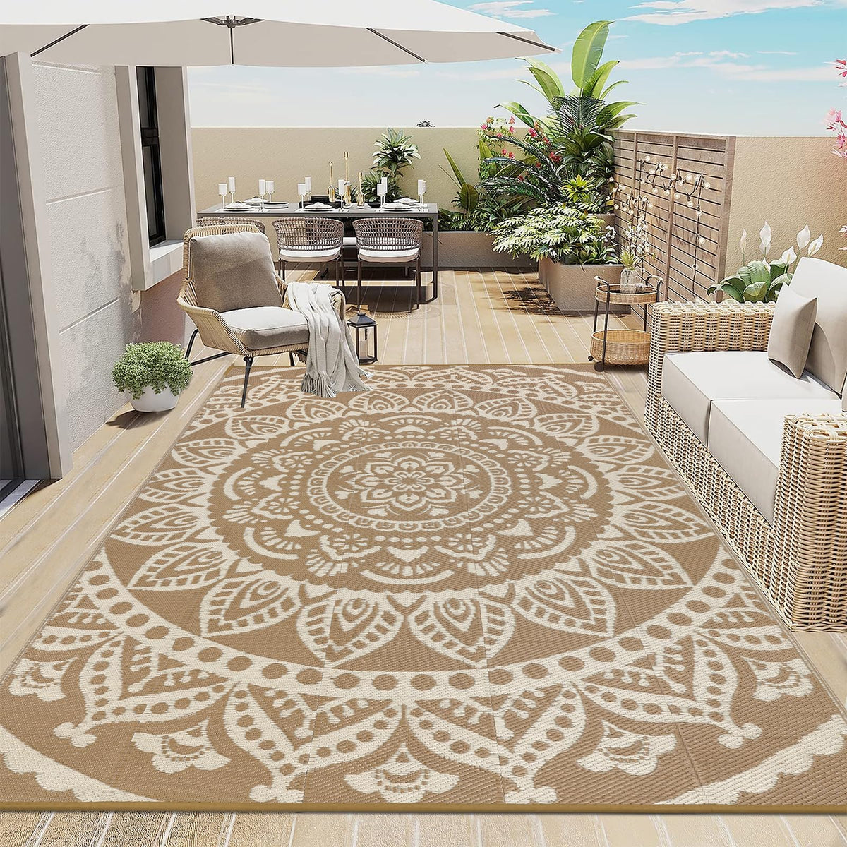 Bsmathom 6'x9' waterproof outdoor rug front view in flower brown