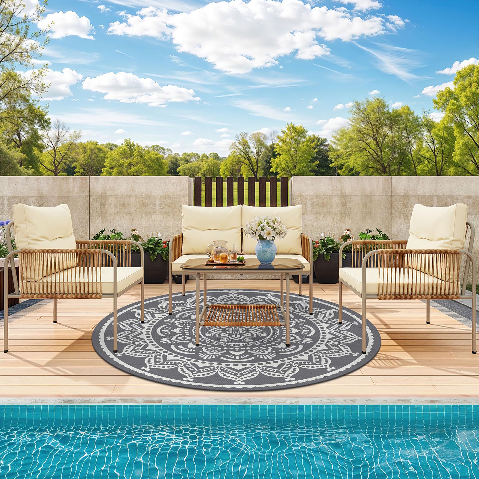 Bsmathom 6ft round waterproof outdoor rug in grey, side view
