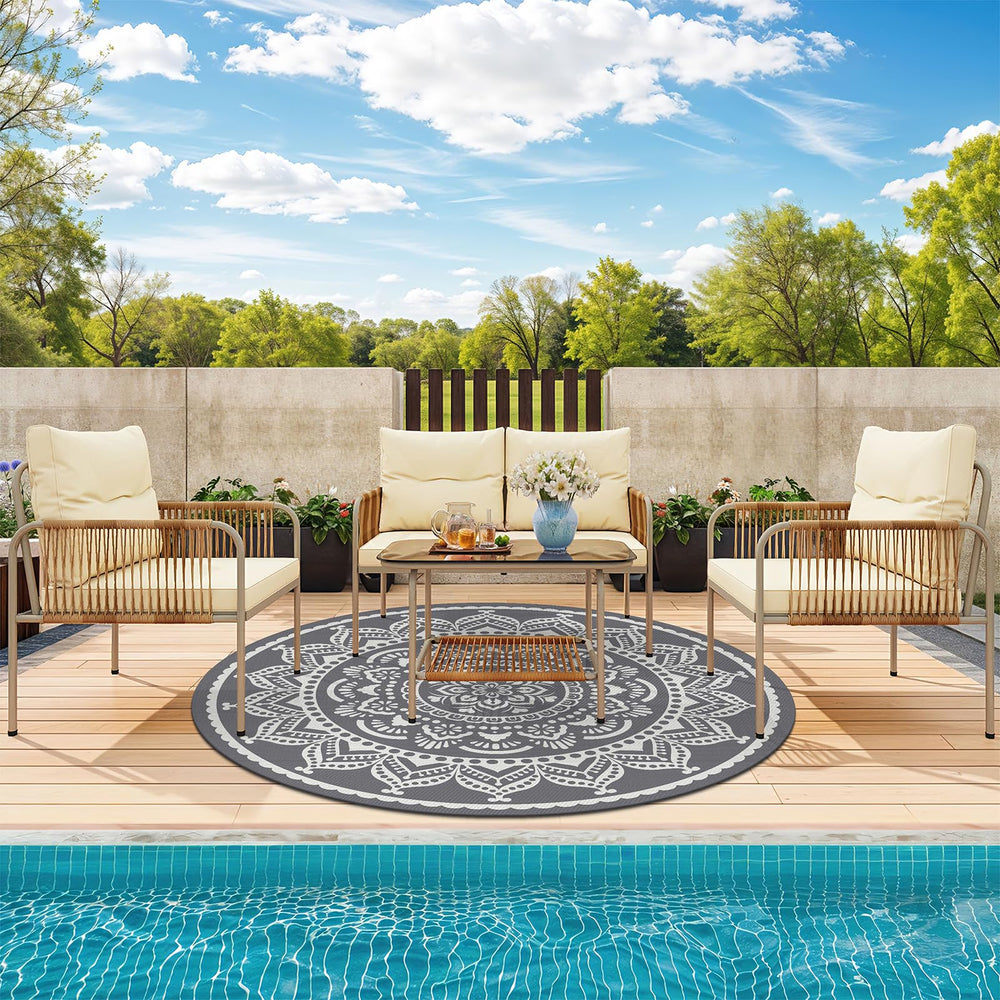 Bsmathom 6ft round waterproof outdoor rug in grey, side view
