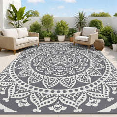 Bsmathom 8'x10' waterproof outdoor rug in flower grey, front view