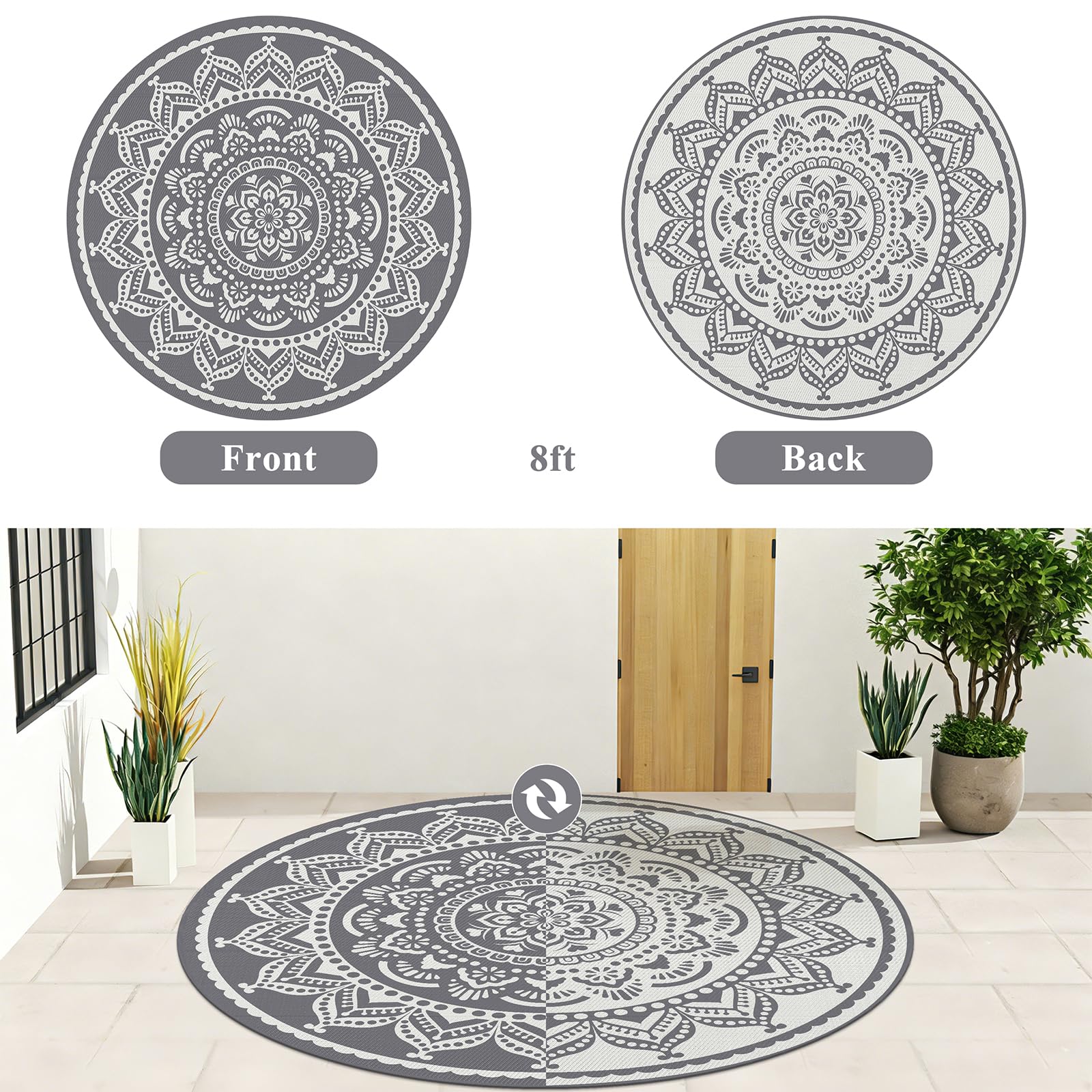 Bsmathom 8ft Round Waterproof Outdoor Rug packed in carry bag